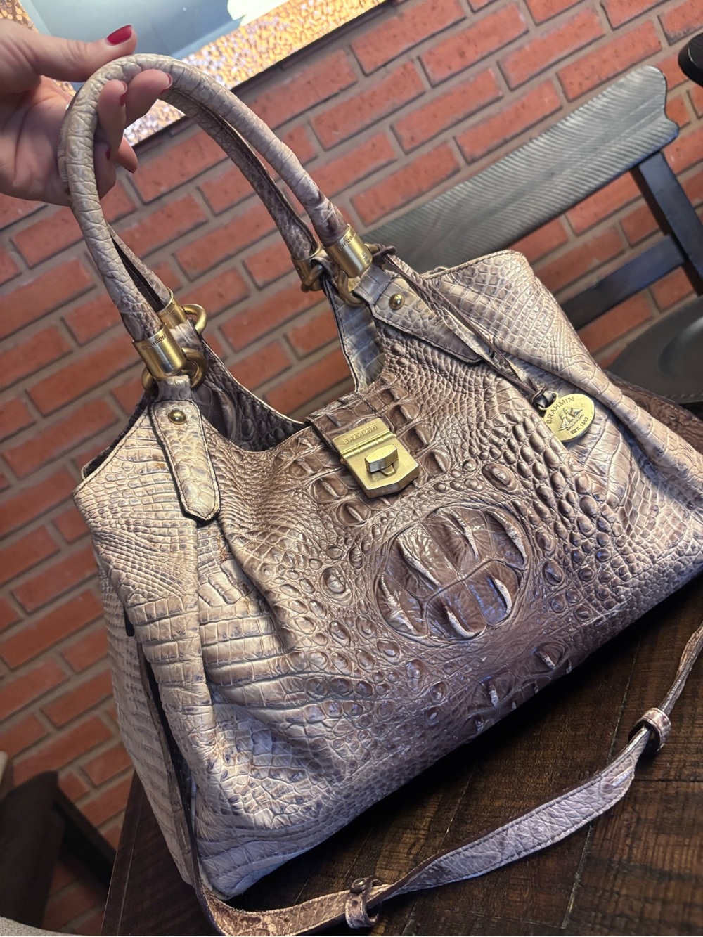 Brahmin Taupe Croc-Embossed Elisa Satchel with Gold Hardware🤩